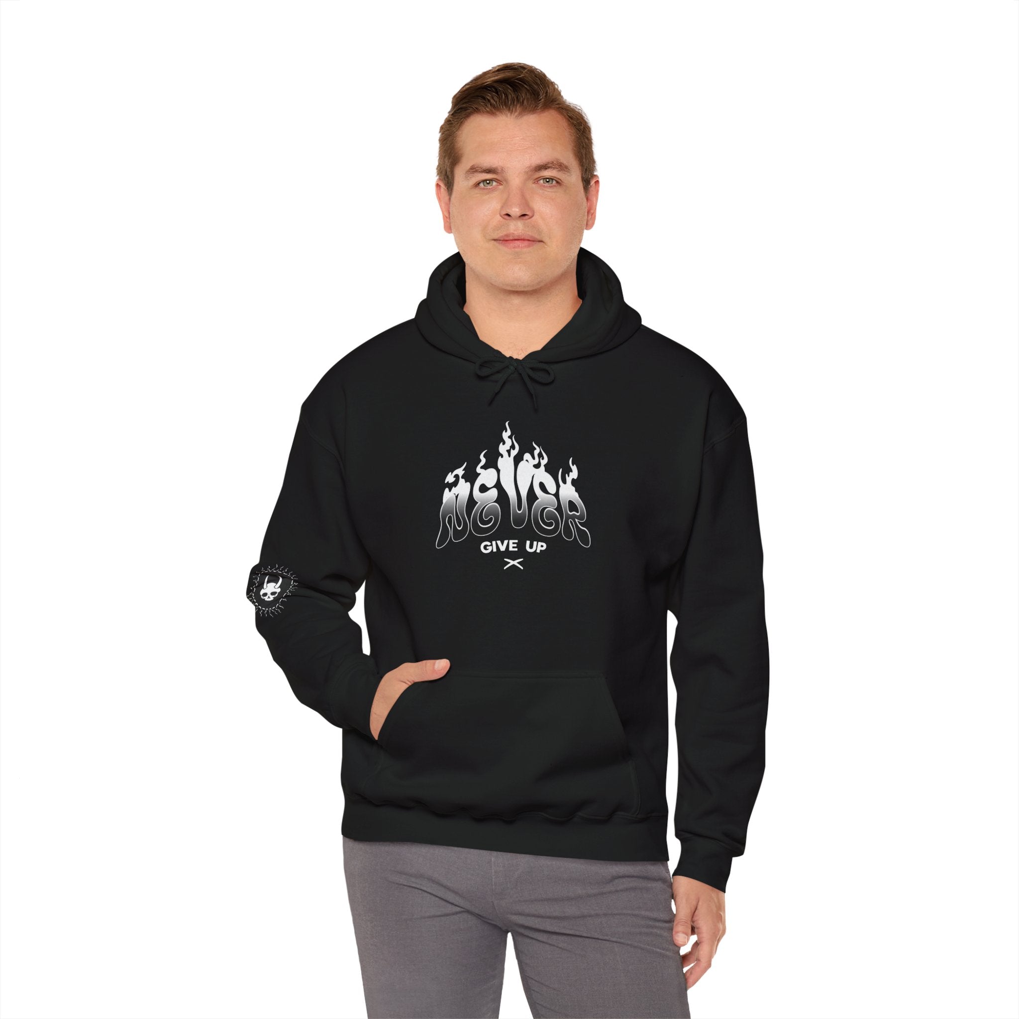 Never Give Up - Unisex Heavy Blend™ Hooded Sweatshirt (Front) - Damned Threads